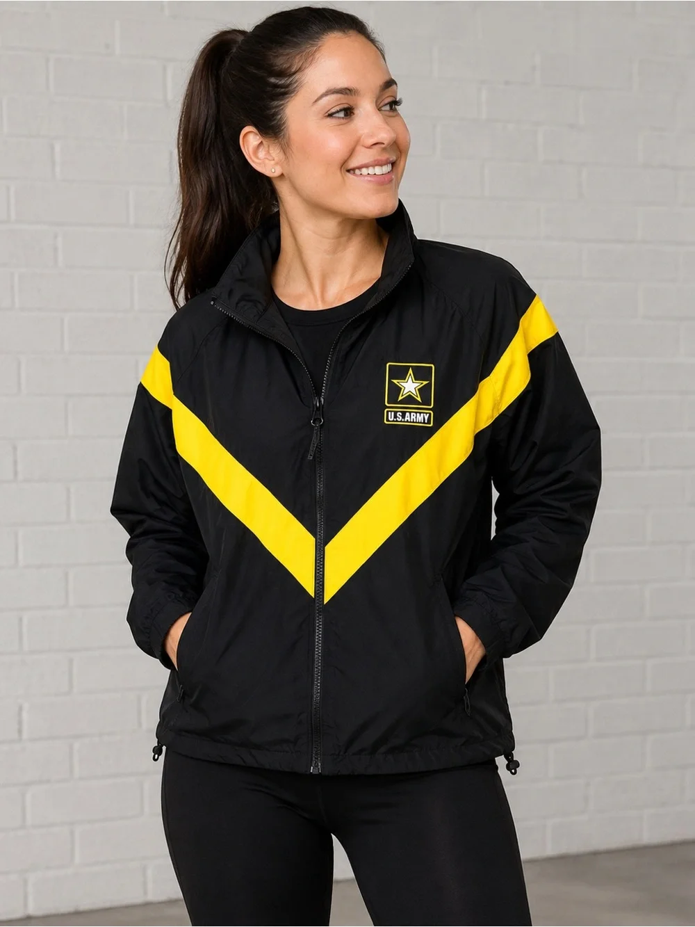 New US Army APFU Physical Fitness Uniform Jacket Black Yellow Female Med Regular
